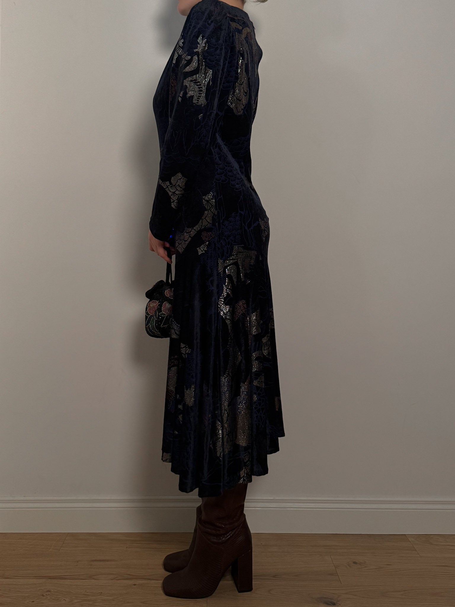 Velvet printed blue dress