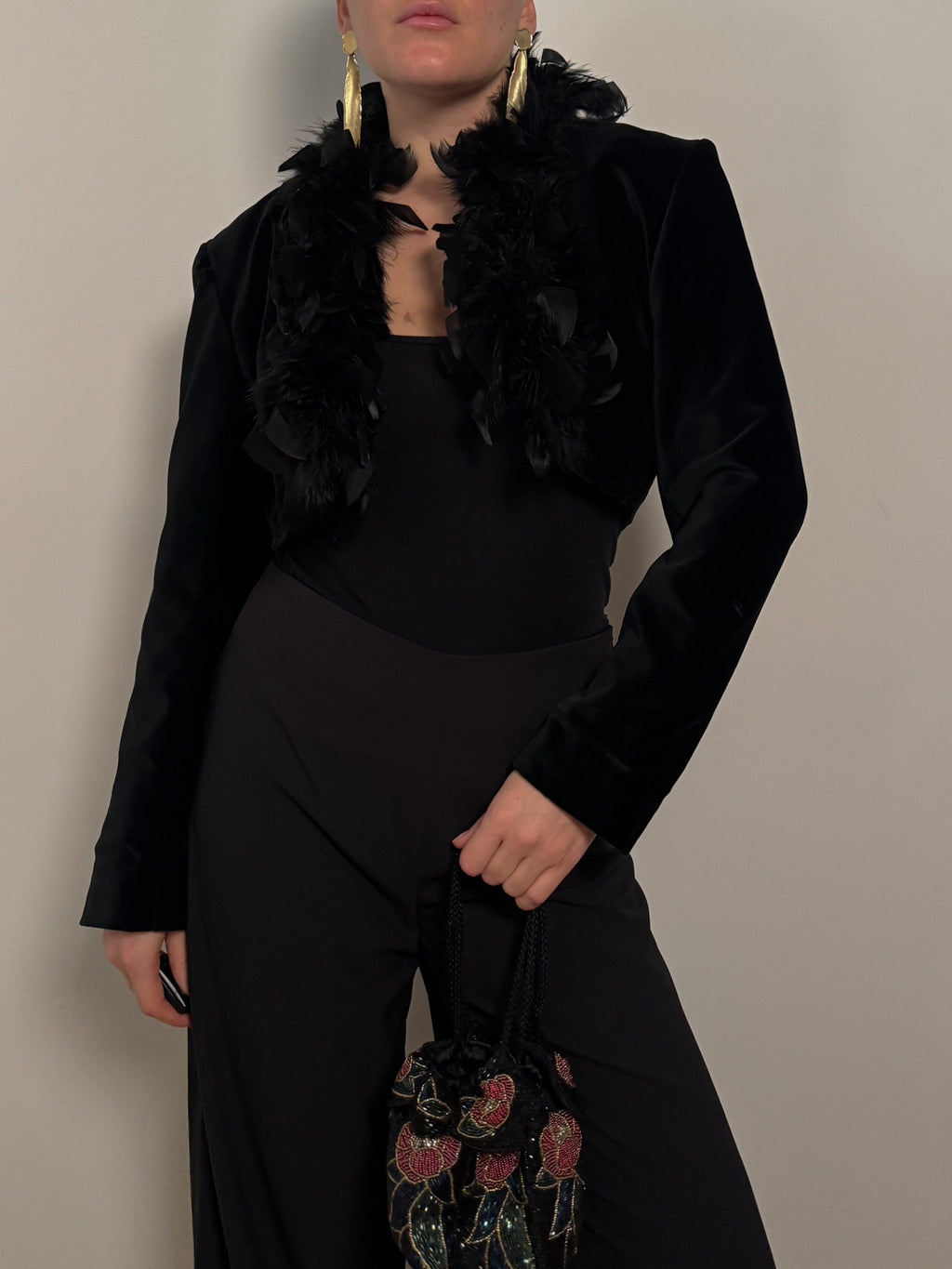 Cotton velvet and feathers black bolero