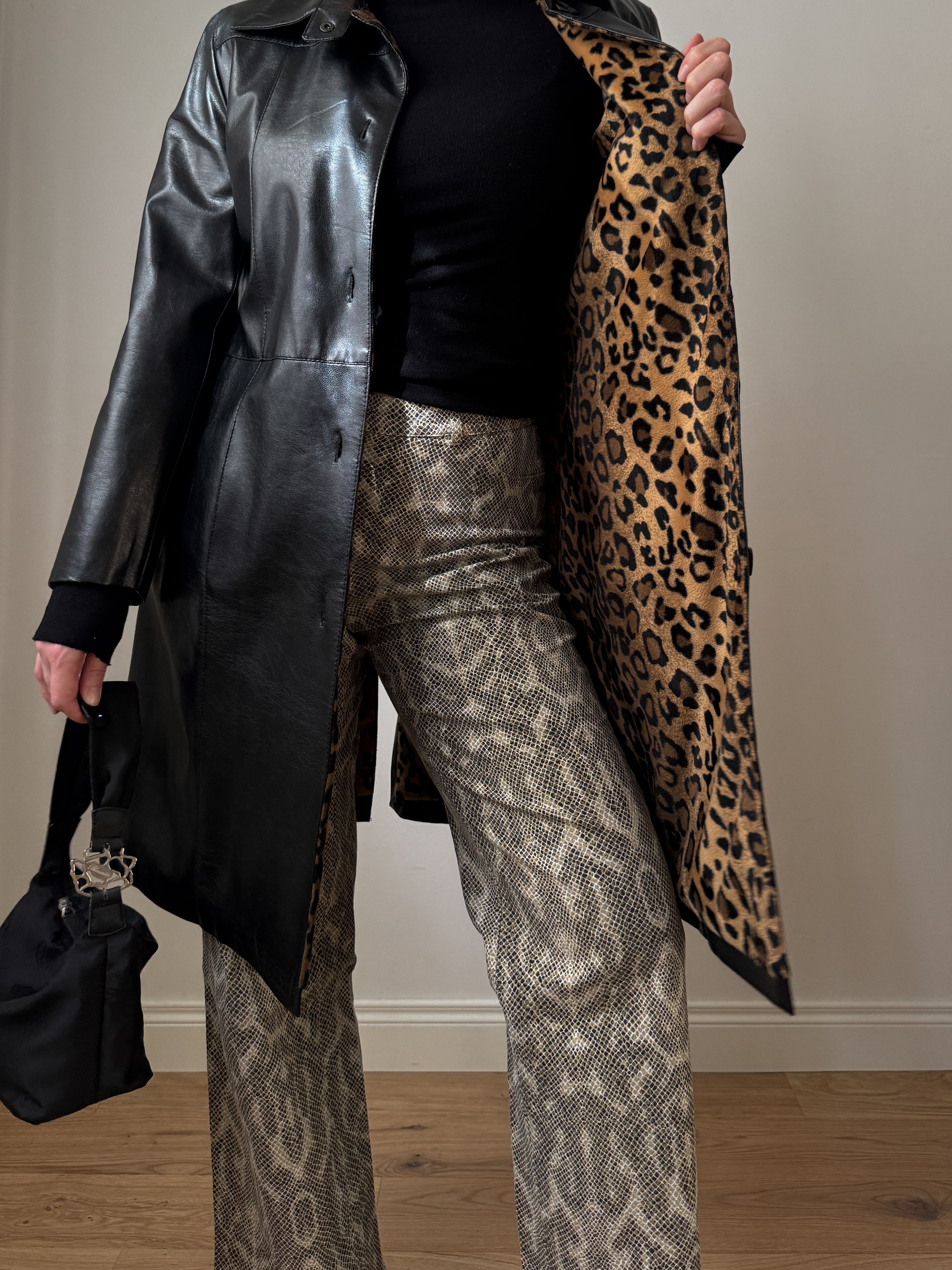 Real leather black long jacket