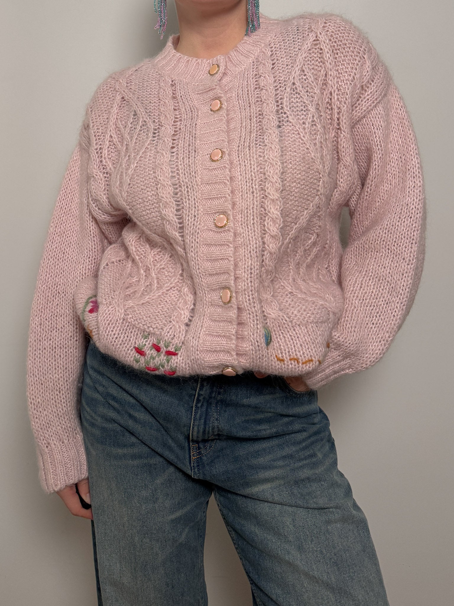 Pure wool embroidered pink cardigan