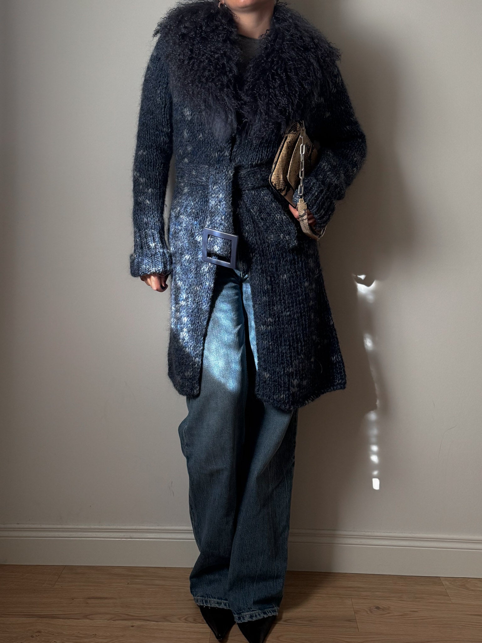 Wool, mohair and mongolian blue maxi cardigan