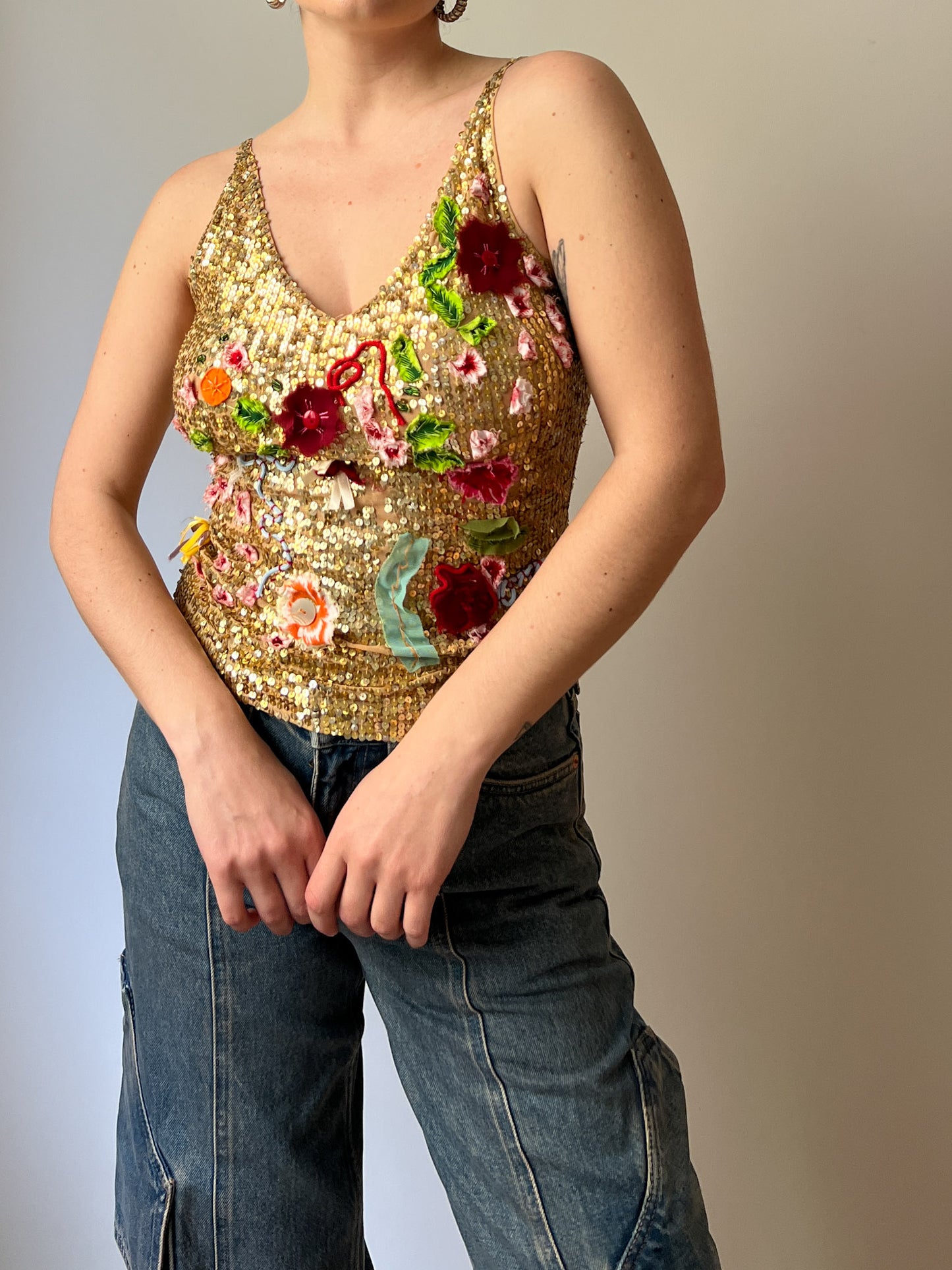 Floral sequins gold top