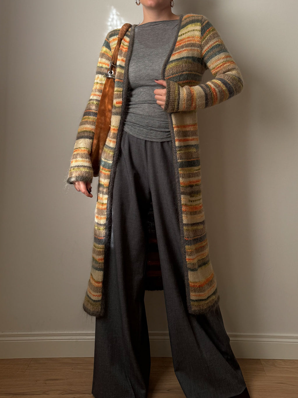 Pure wool embroidered striped long cardigan