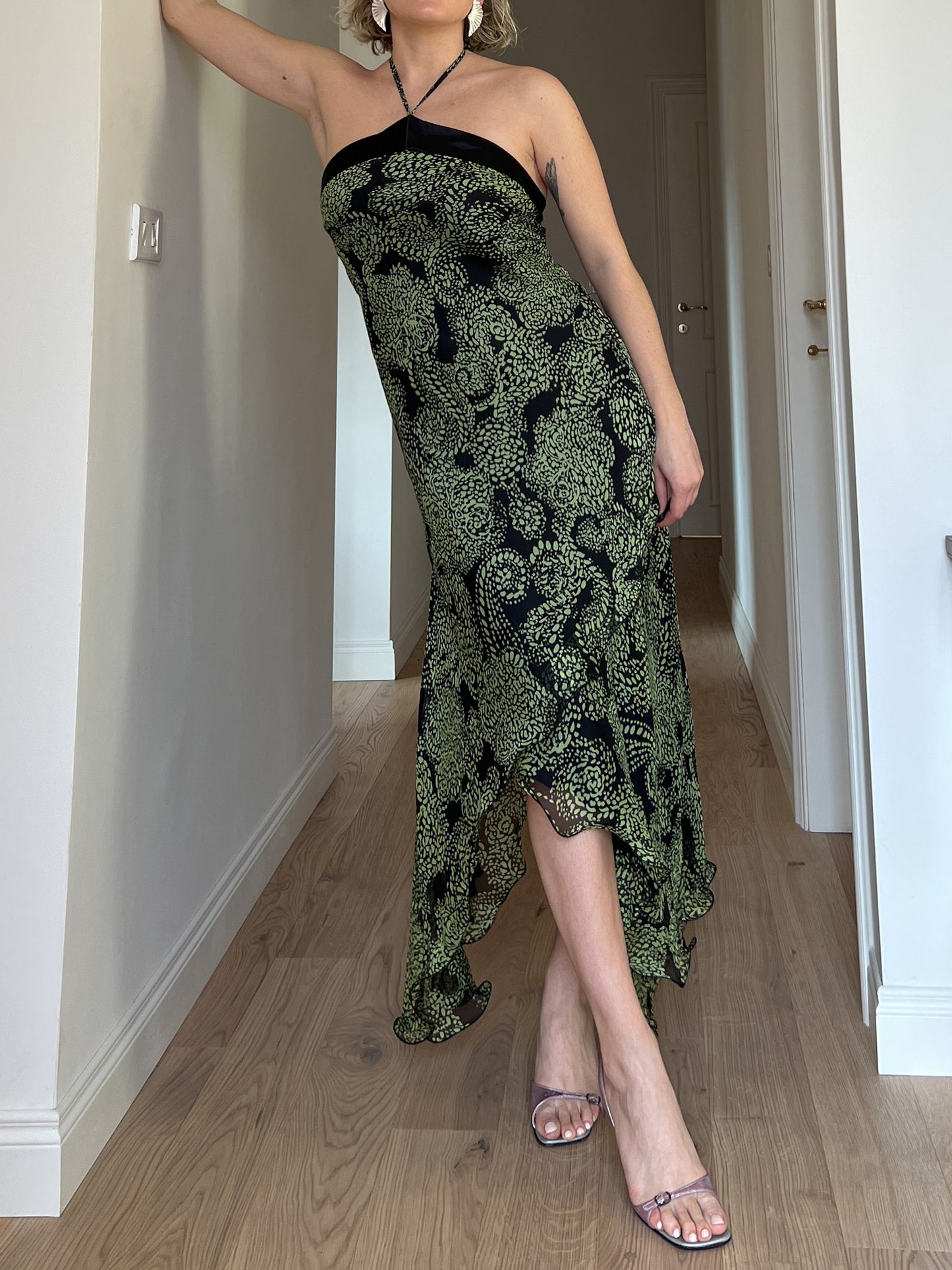 Pure silk black and green dress