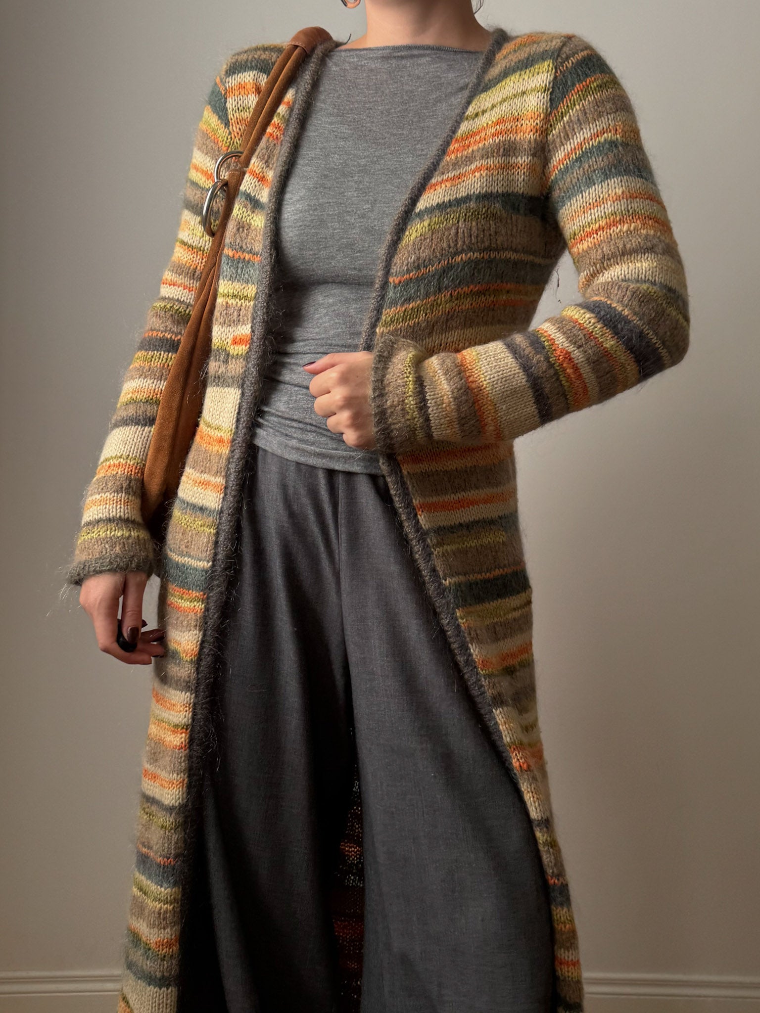 Pure wool embroidered striped long cardigan