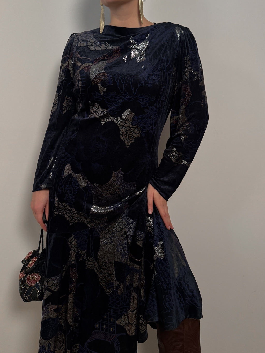 Velvet printed blue dress