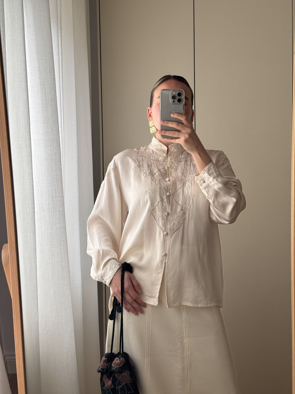 Pure silk embroidered ivory blouse