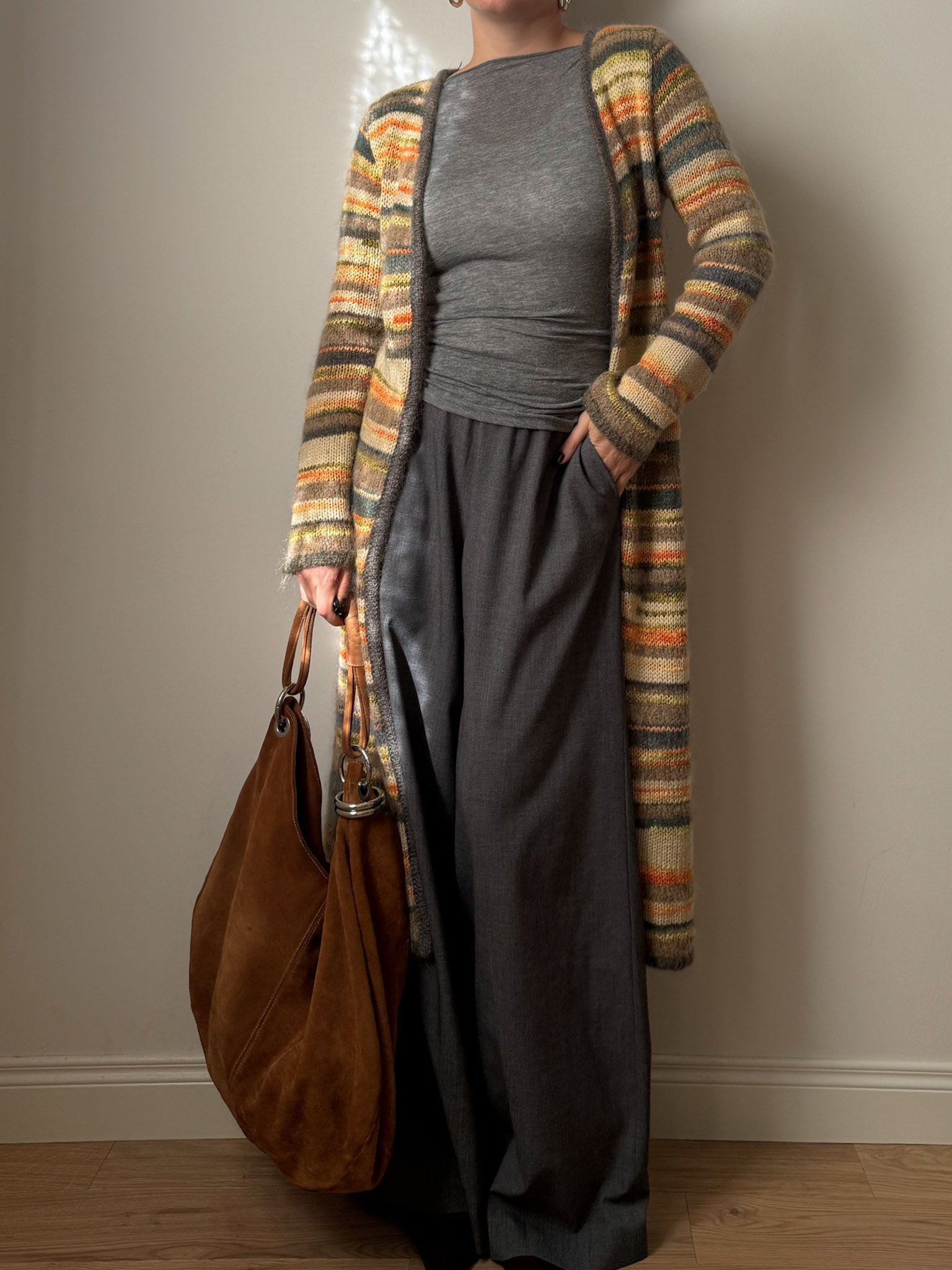 Pure wool embroidered striped long cardigan