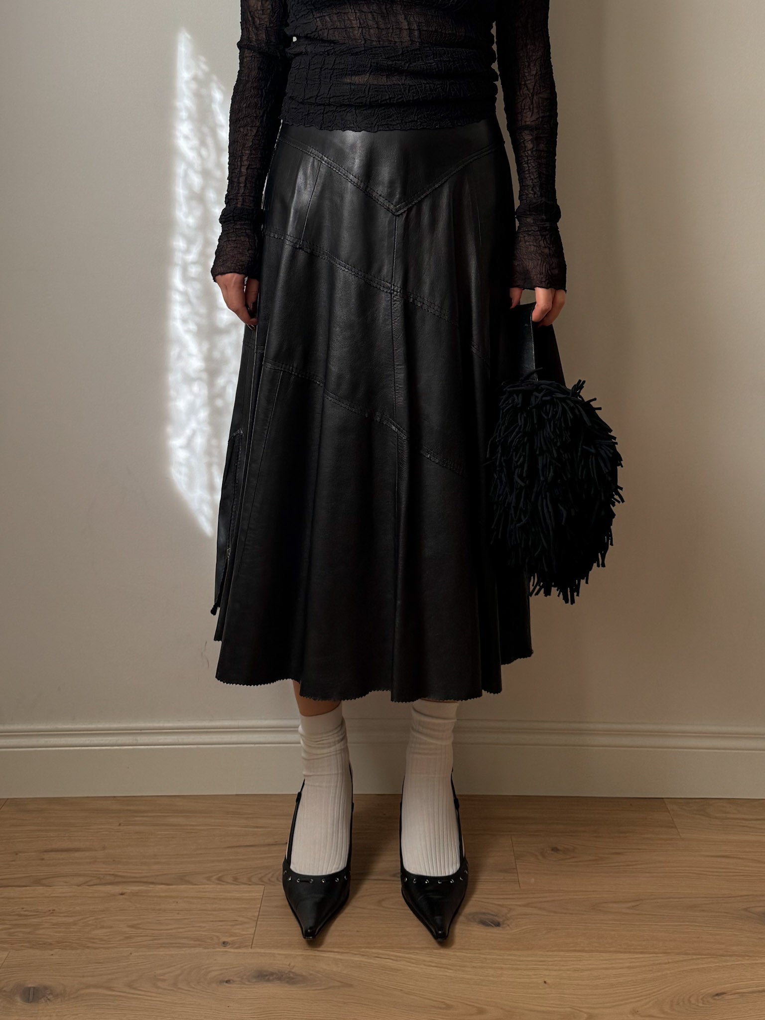 Real leather black skirt