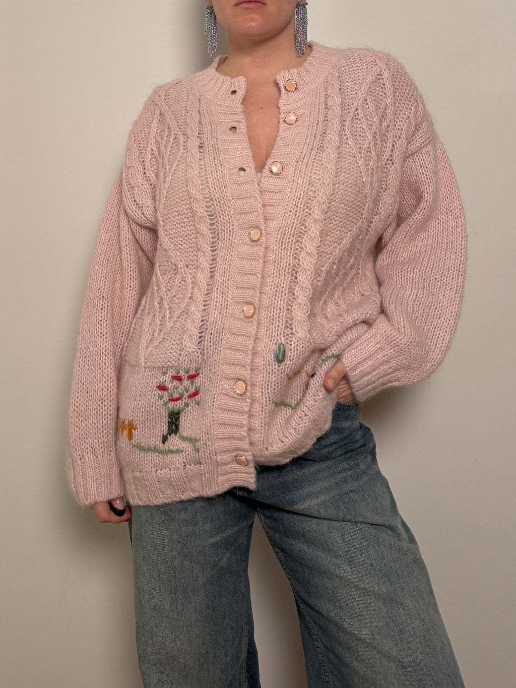 Pure wool embroidered pink cardigan