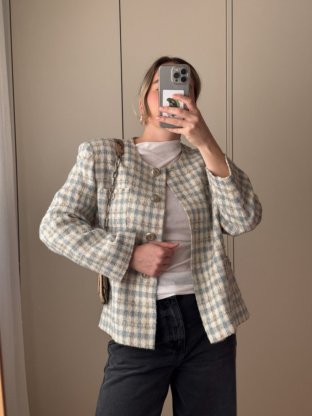 Tweed ivory and sky suit