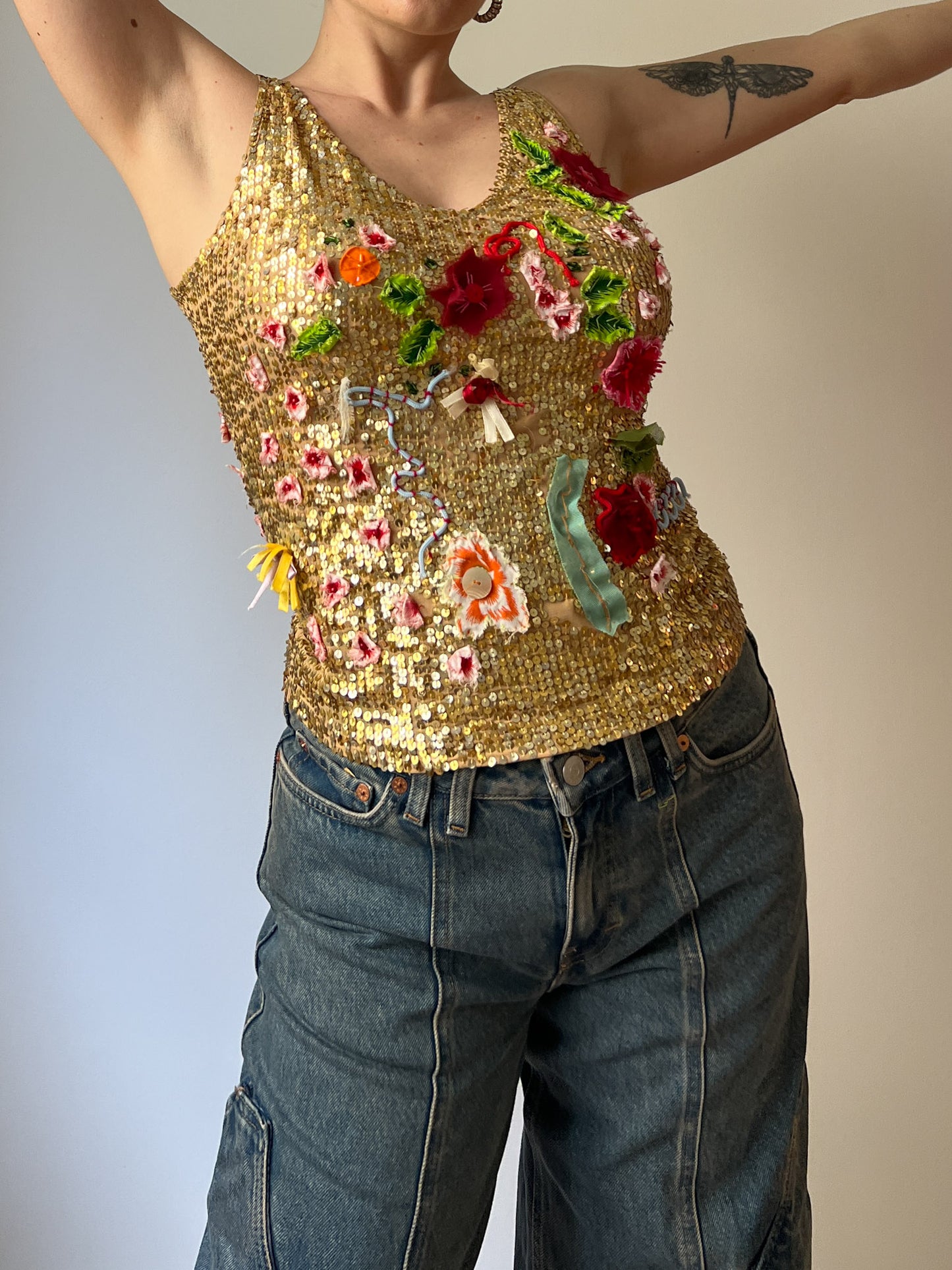 Floral sequins gold top