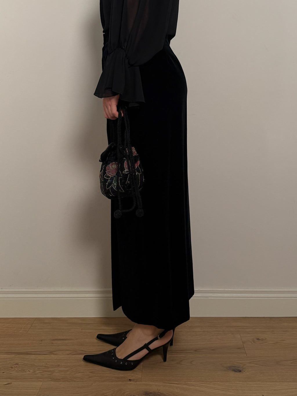 Cotton velvet black long skirt