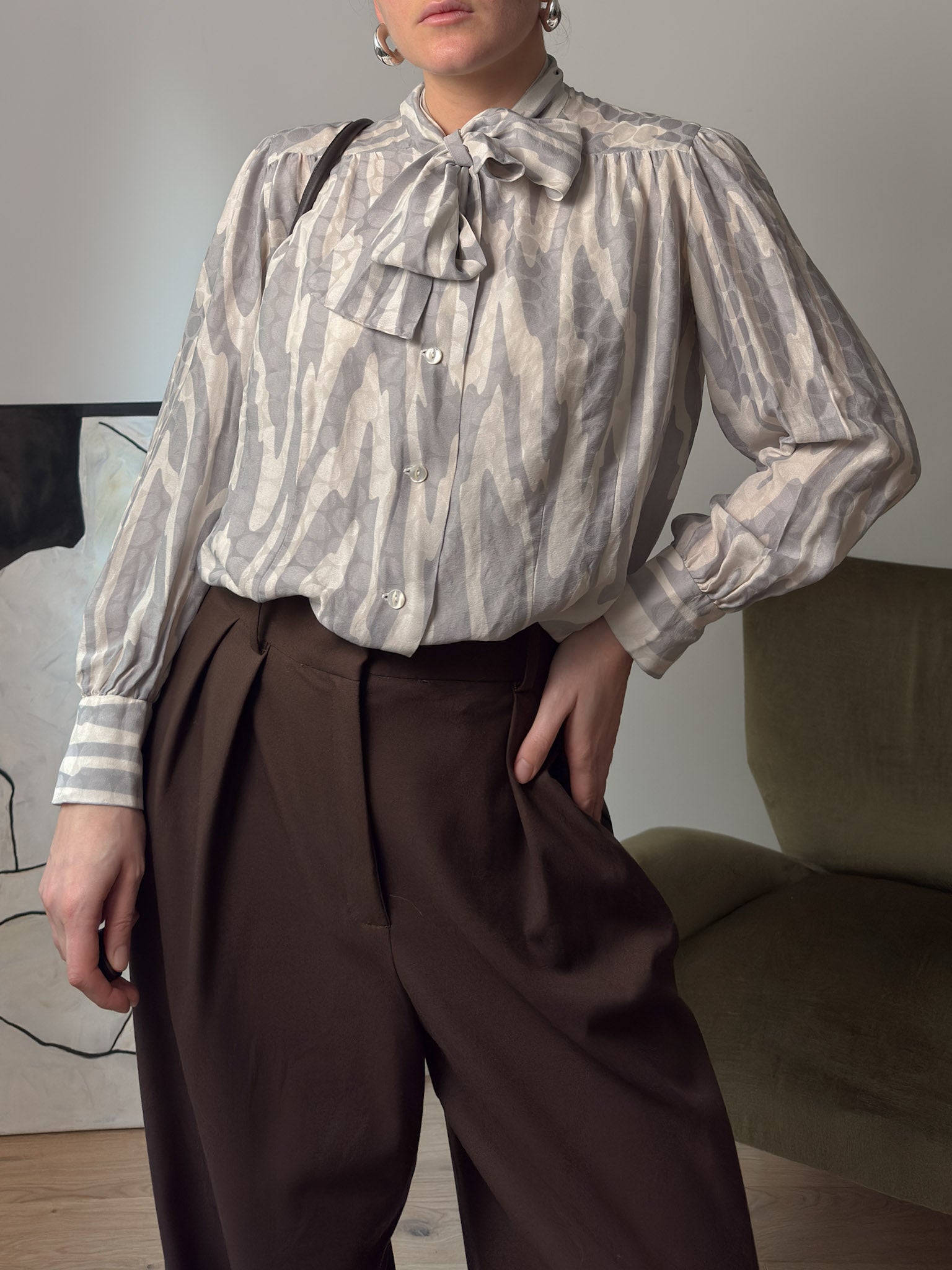 Pure silk ivory and grey blouse