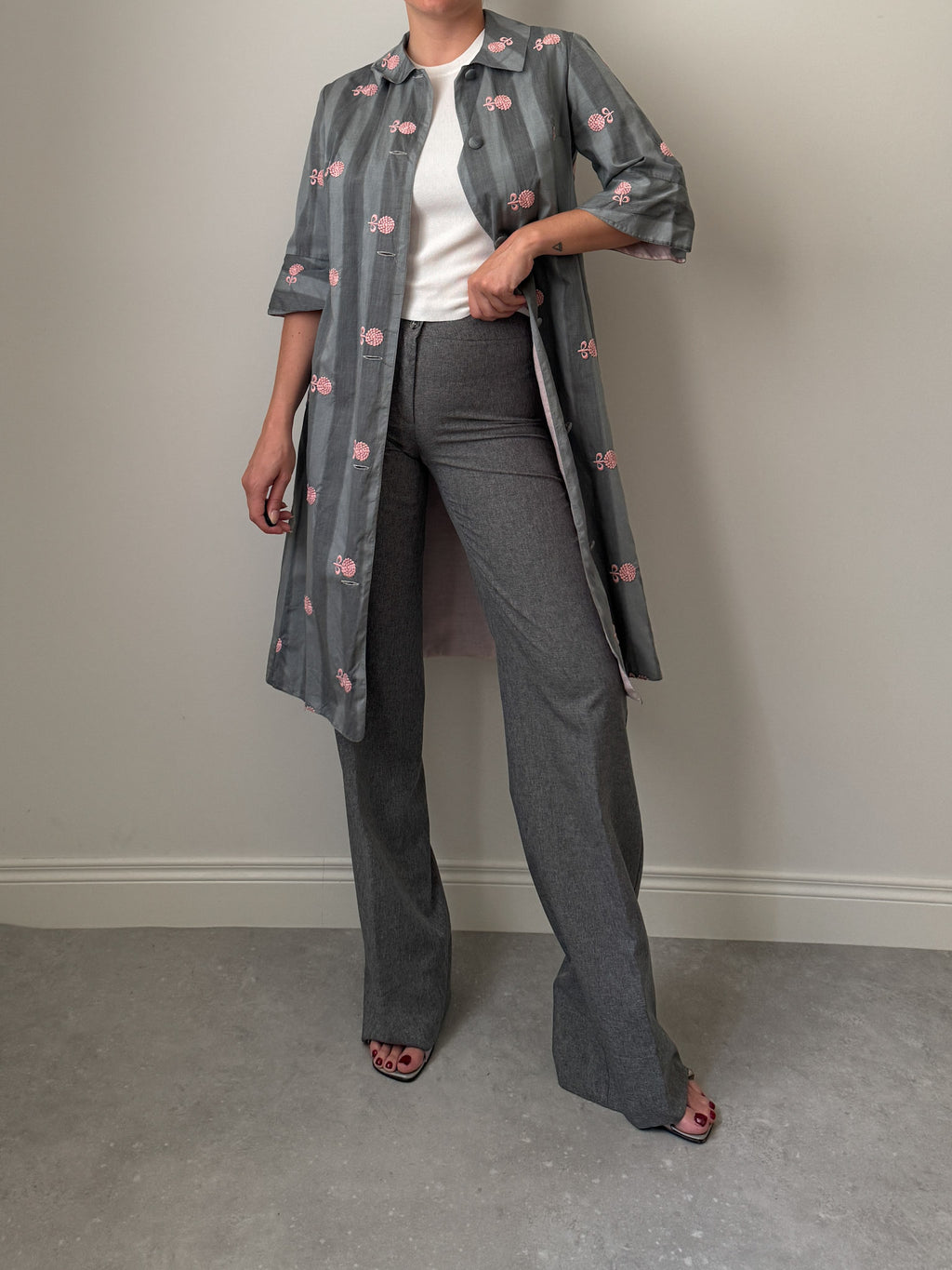 Grey and pink dust coat