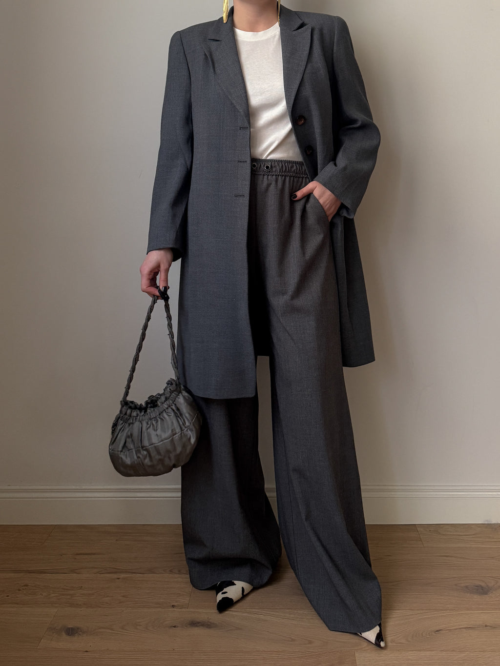 Blazer lungo vintage in lana e viscosa grigio
