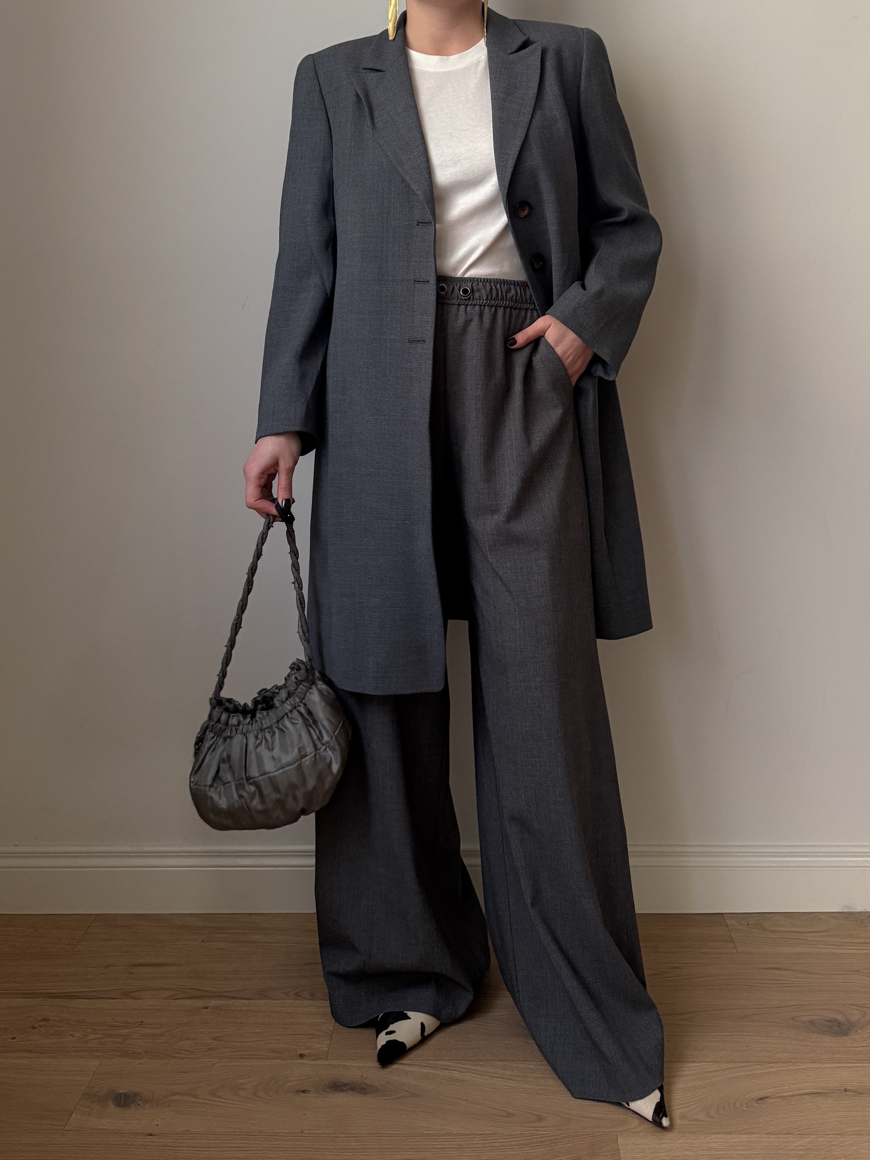 Blazer lungo vintage in lana e viscosa grigio