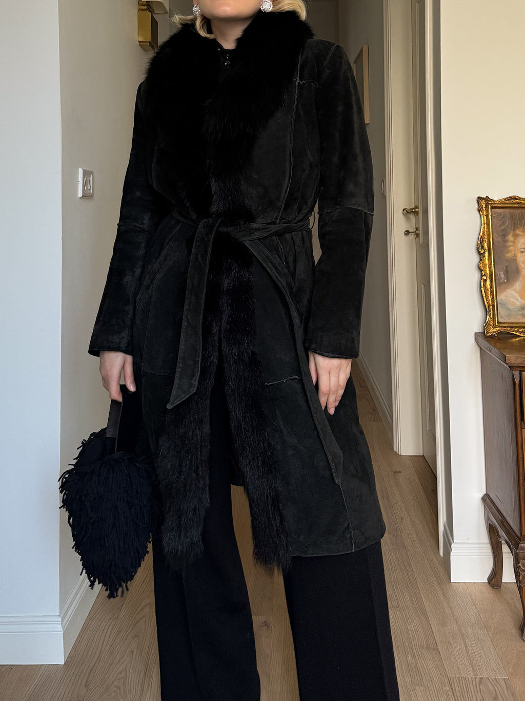 Suede and fur black coat