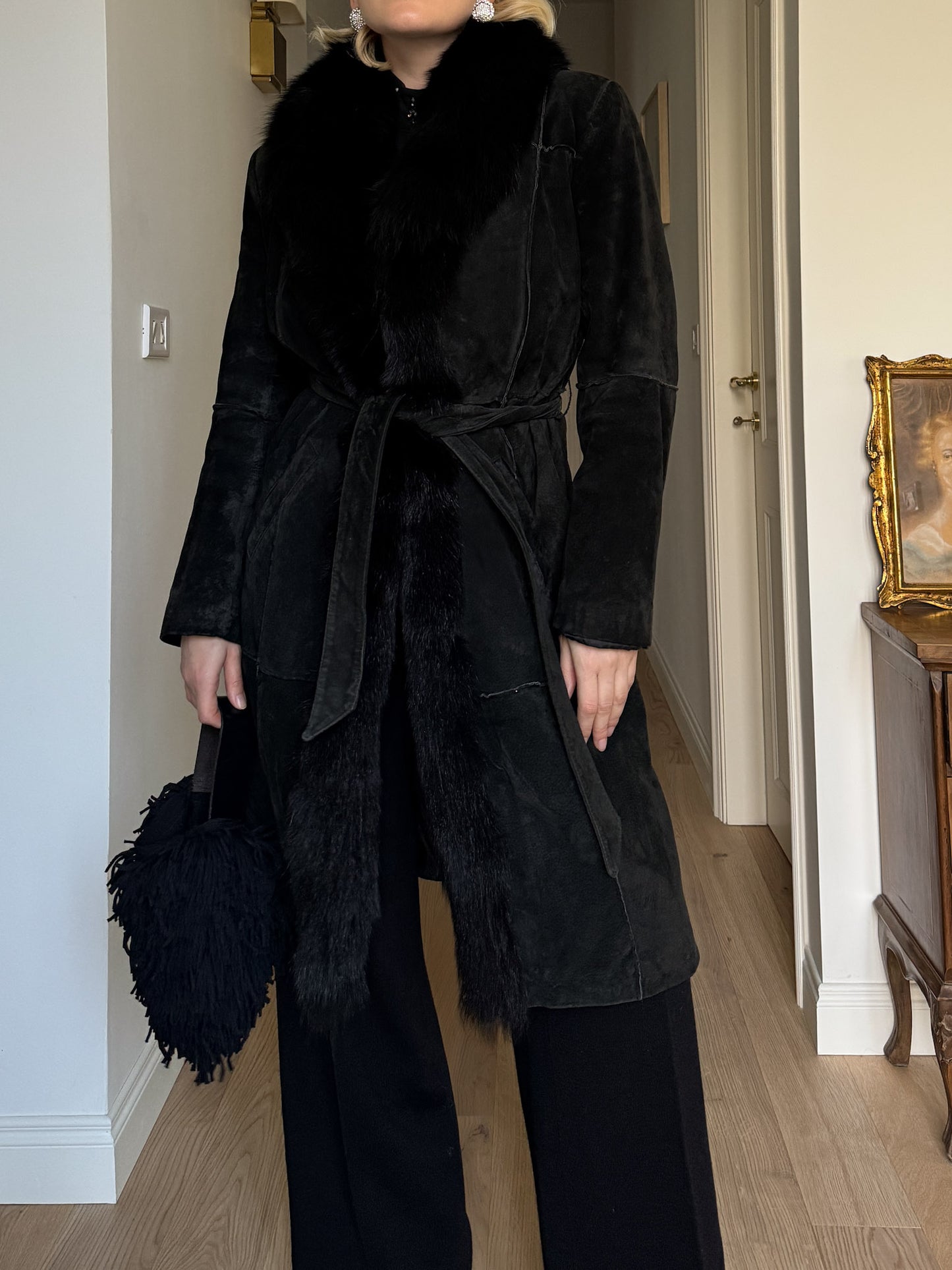 Suede and fur black coat