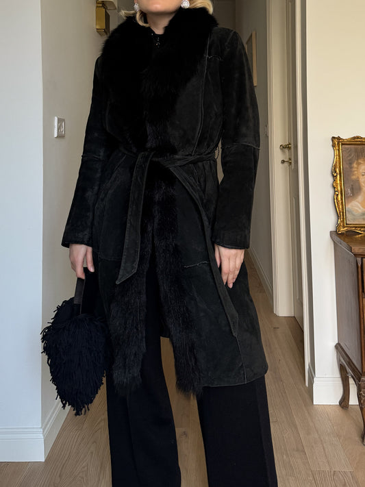 Suede and fur black coat