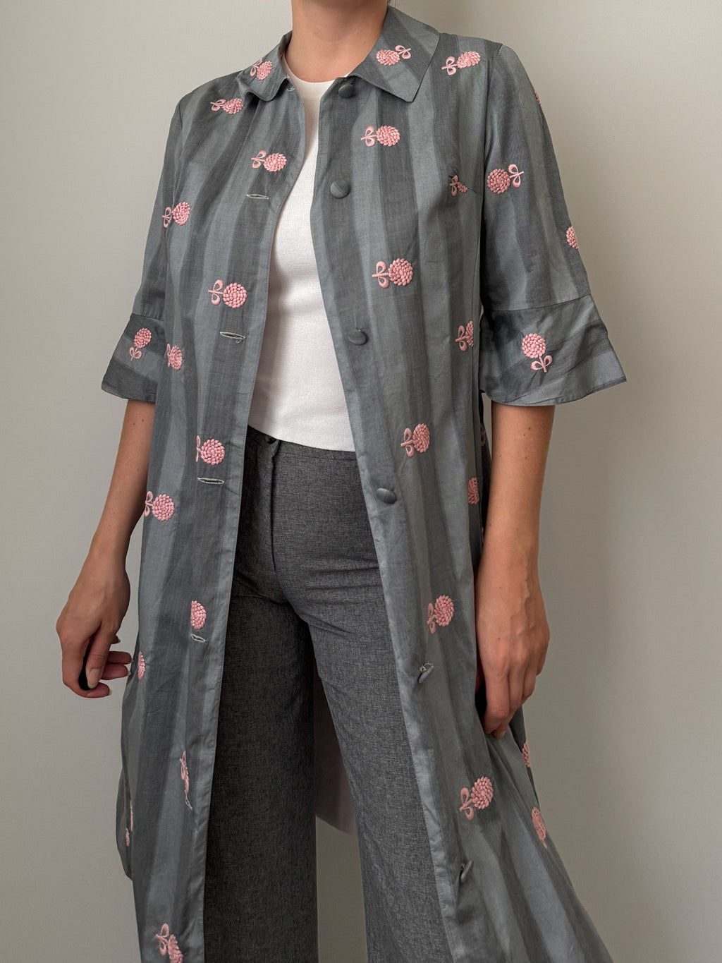 Grey and pink dust coat