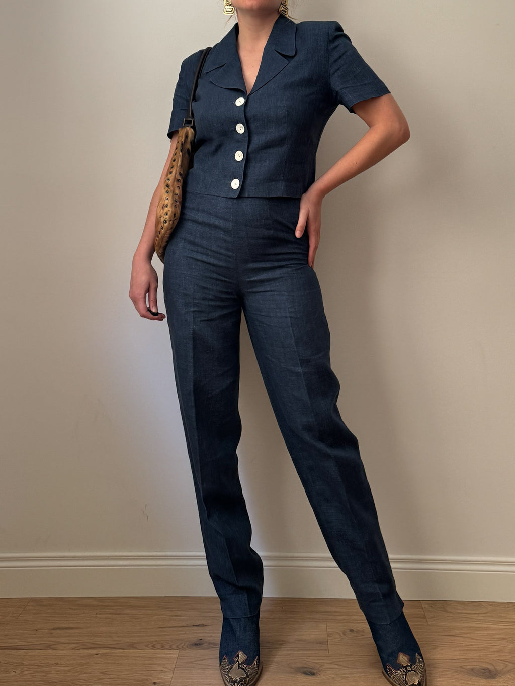 Pure linen blue denim suit