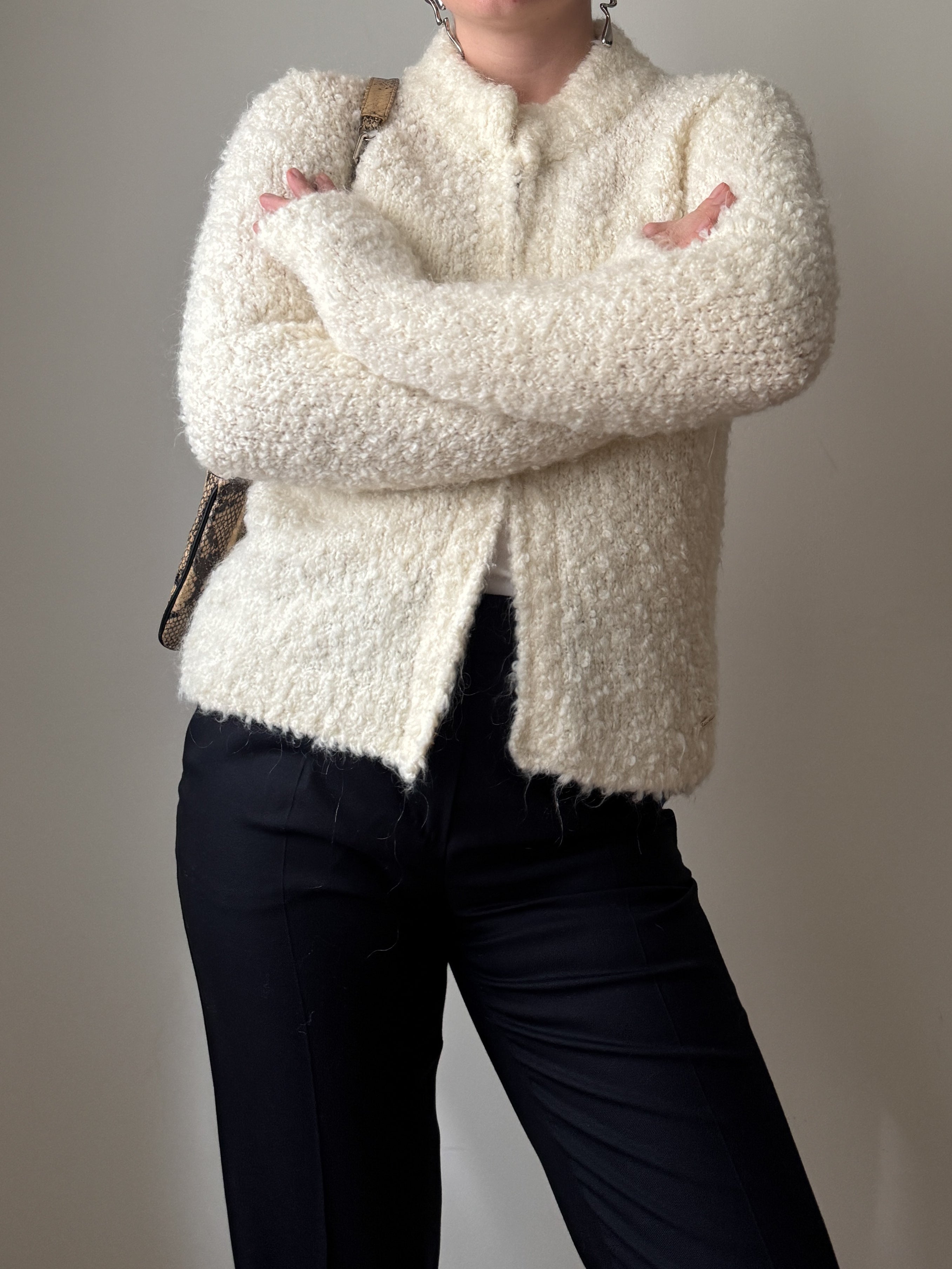 Wool and mohair ivory bouclè cardigan