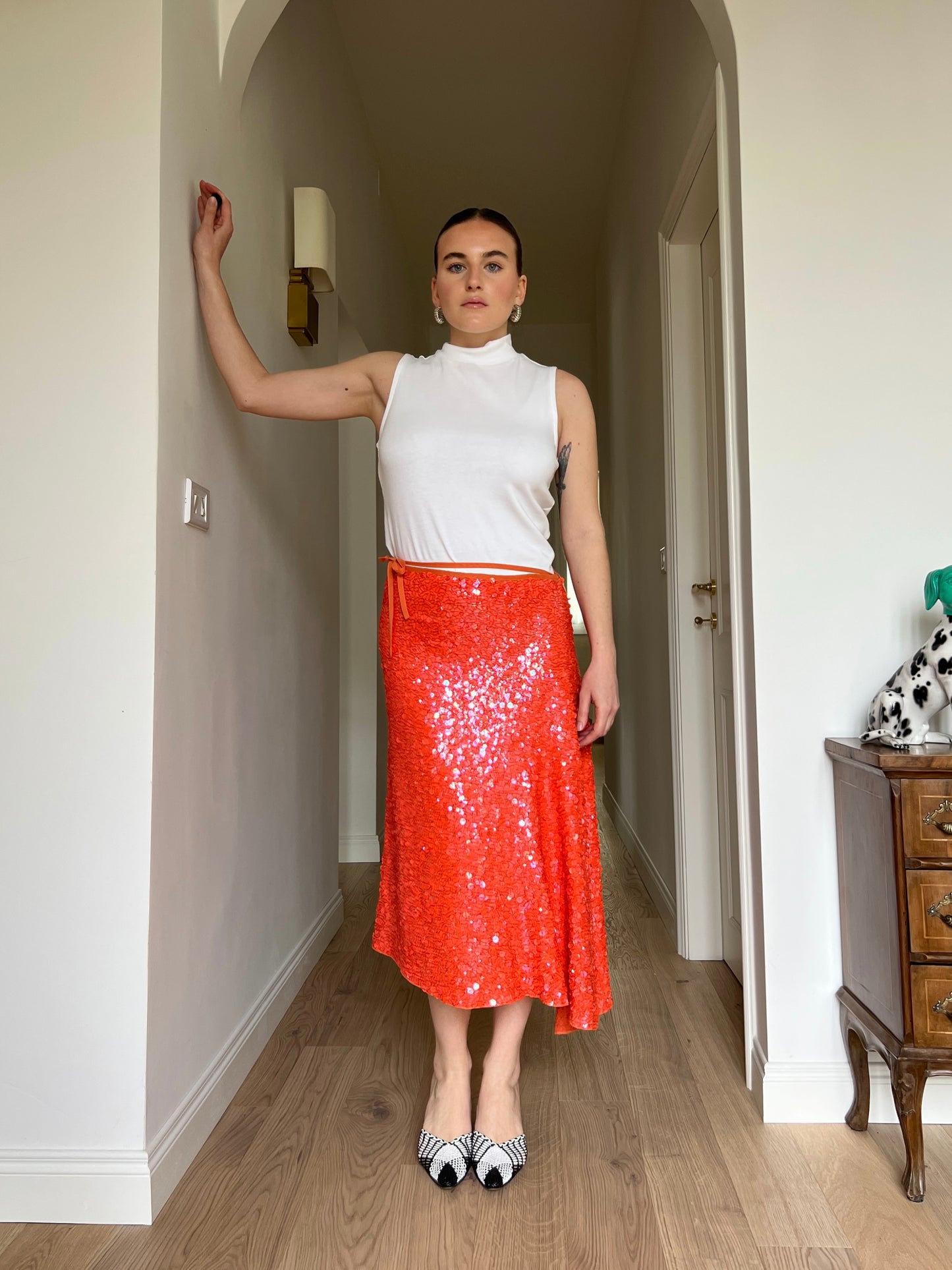 Sequins orange midi skirt