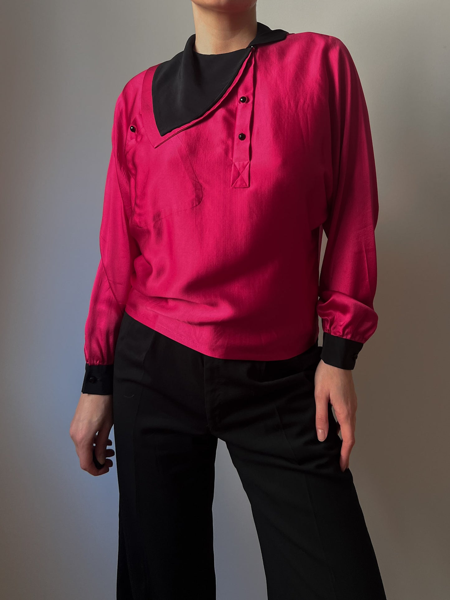 Pure silk black and cyclamen blouse