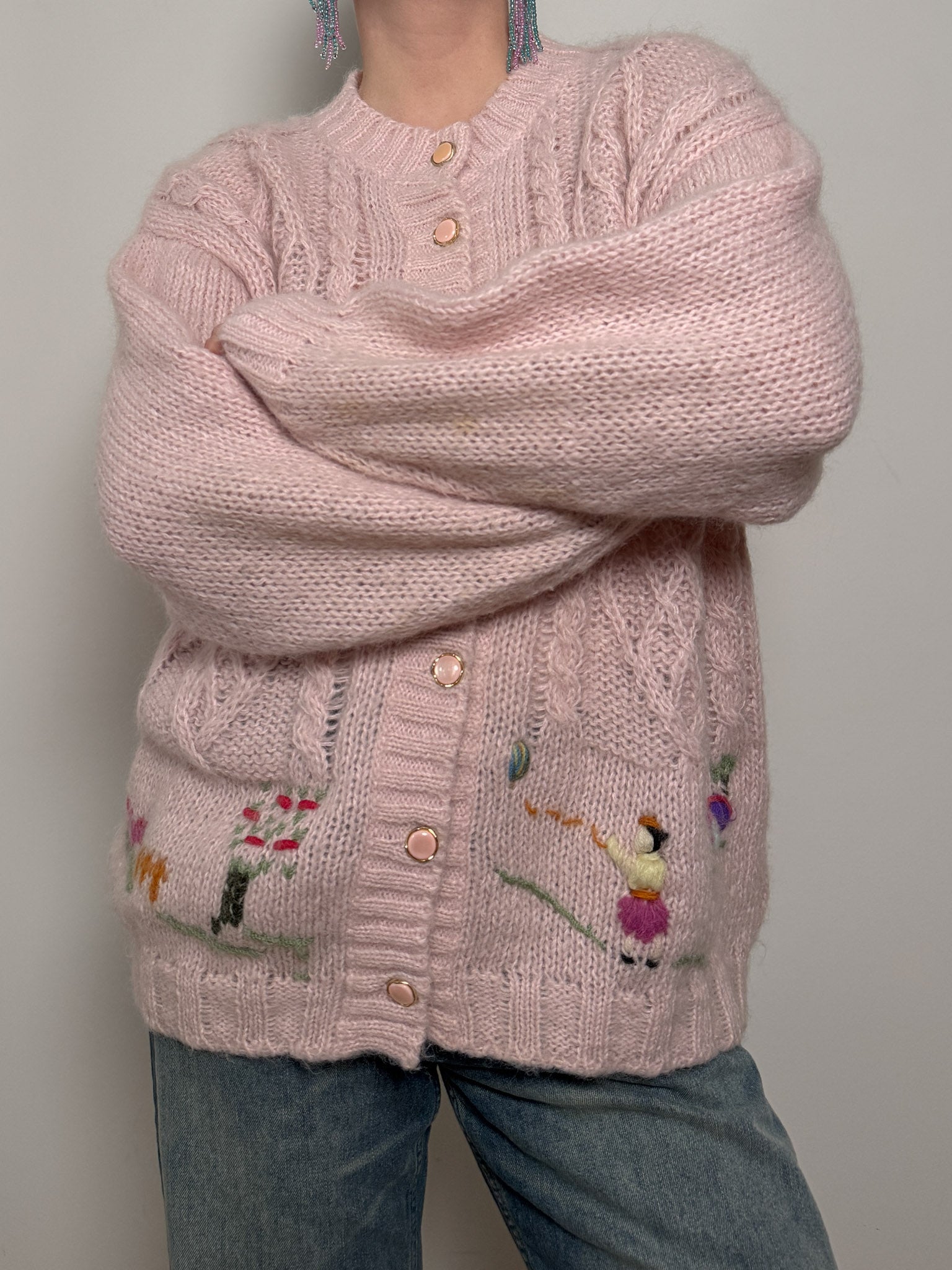 Pure wool embroidered pink cardigan