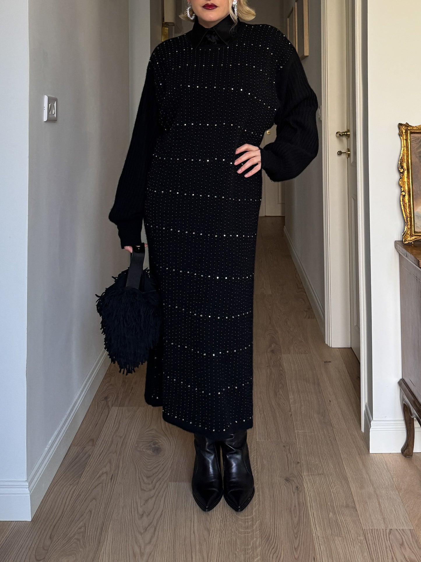 Lambswool, angora and strass black dress