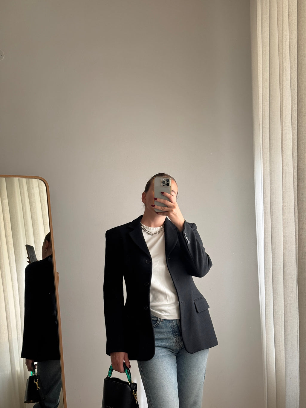 Blazer nero avvitato in lana e viscosa
