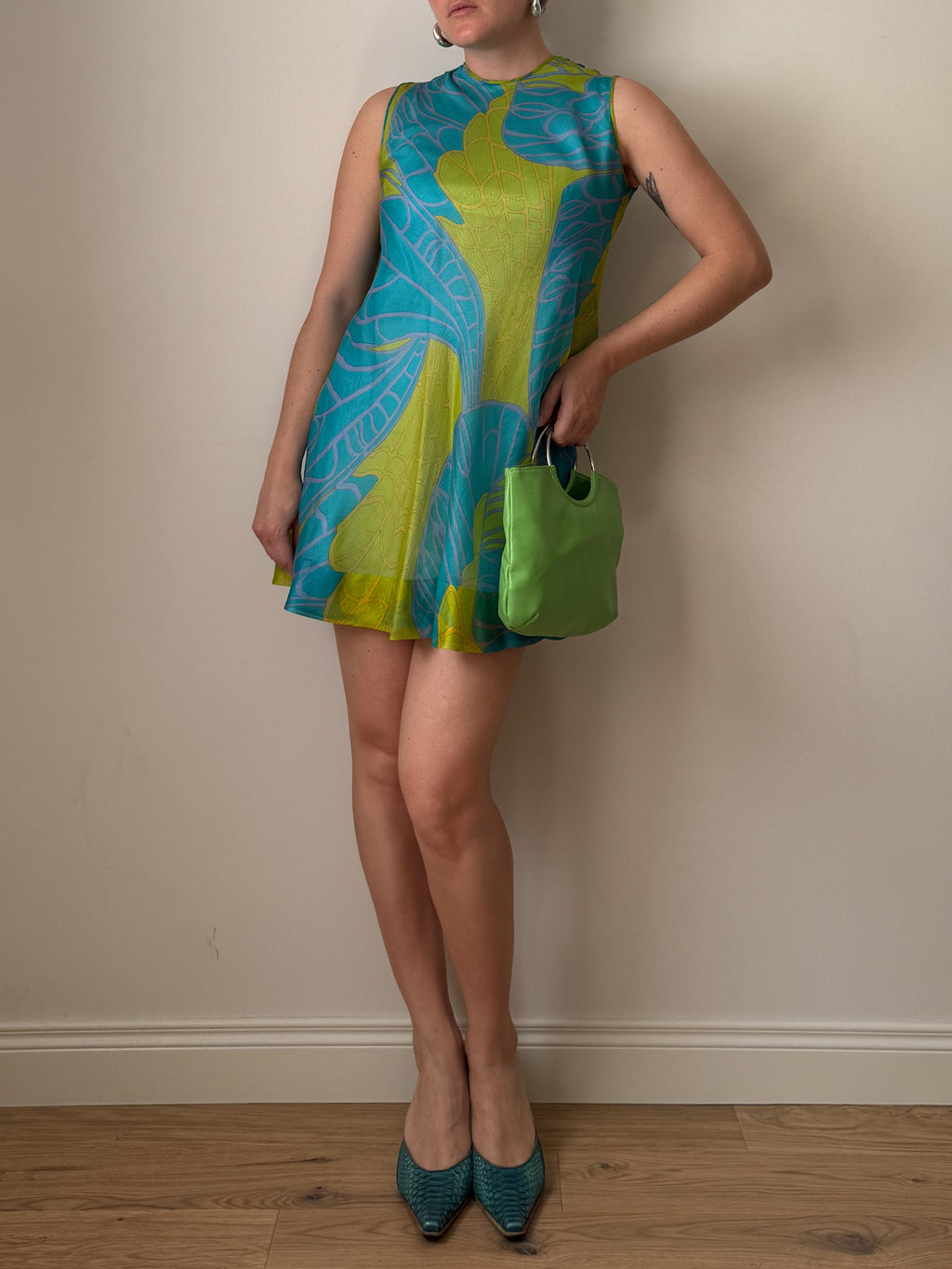 Pure silk sky and green mini dress