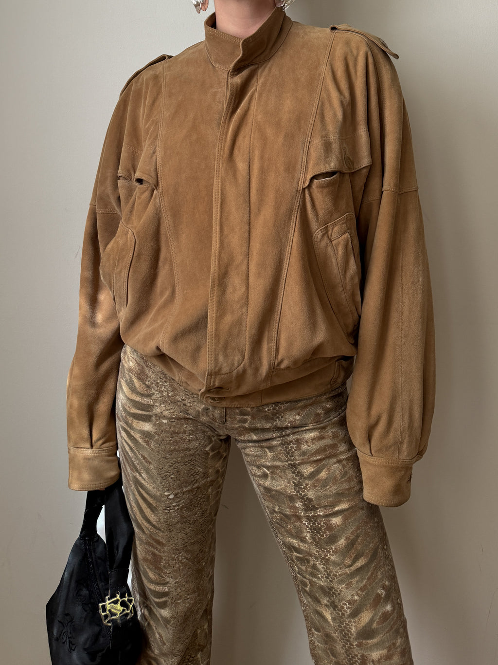 Real suede camel bomber