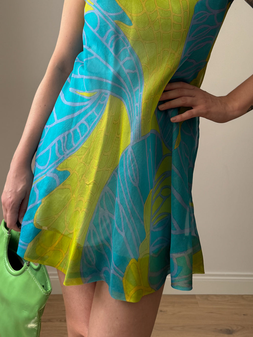 Pure silk sky and green mini dress
