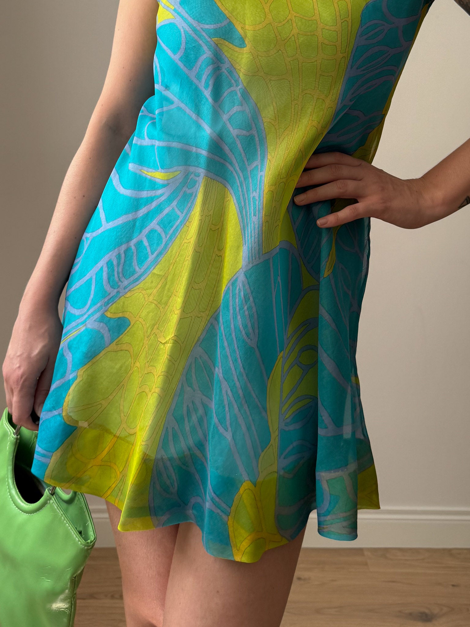 Pure silk sky and green mini dress
