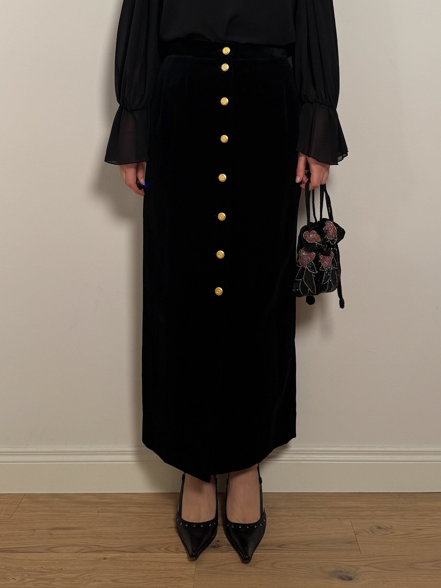 Cotton velvet black long skirt