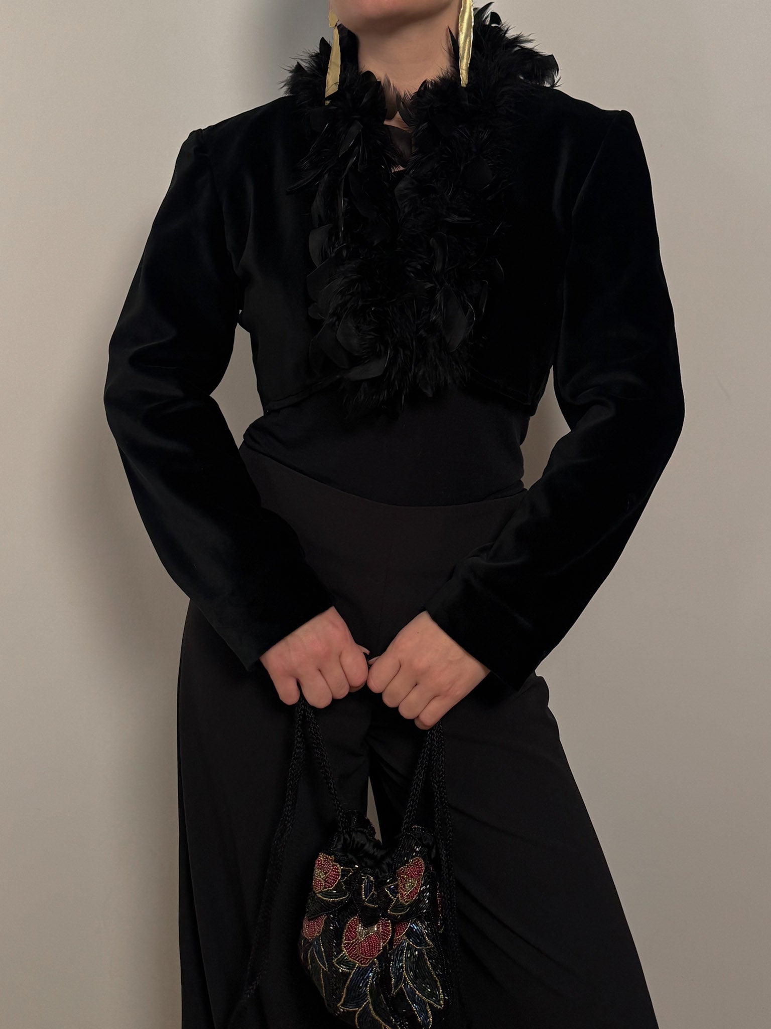 Cotton velvet and feathers black bolero
