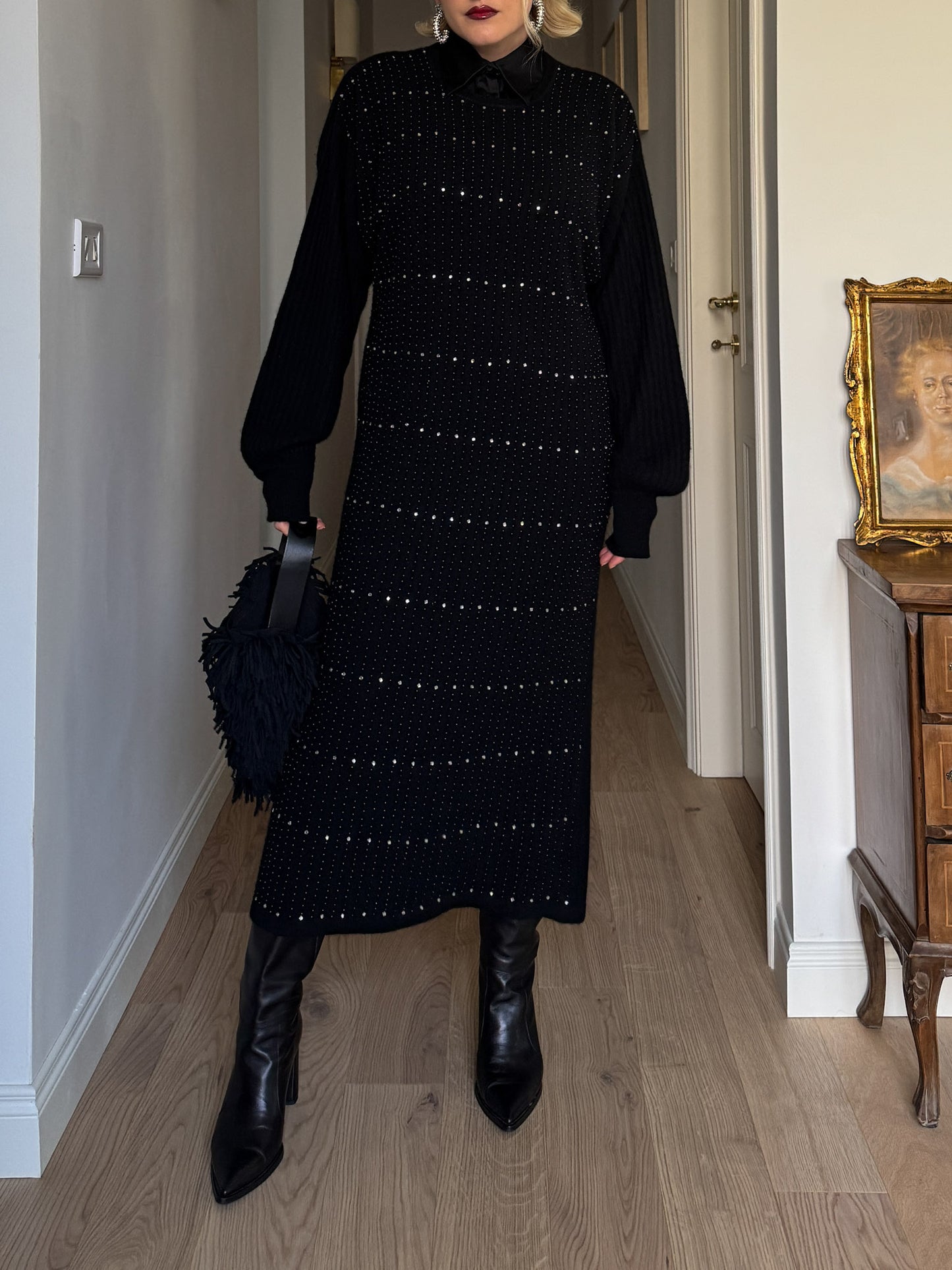 Lambswool, angora and strass black dress