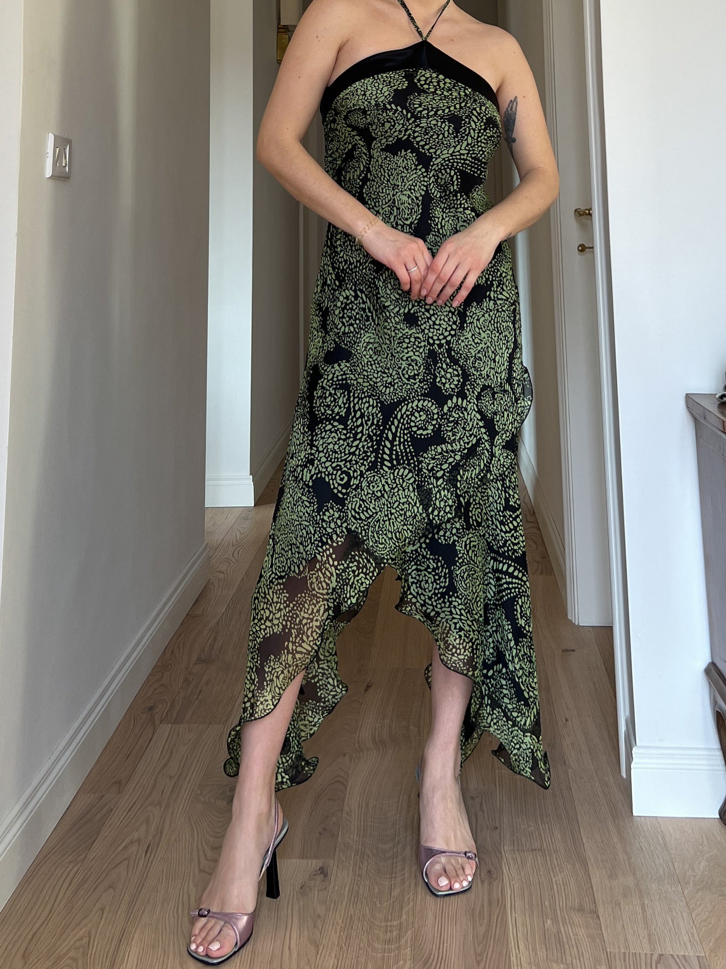 Pure silk black and green dress