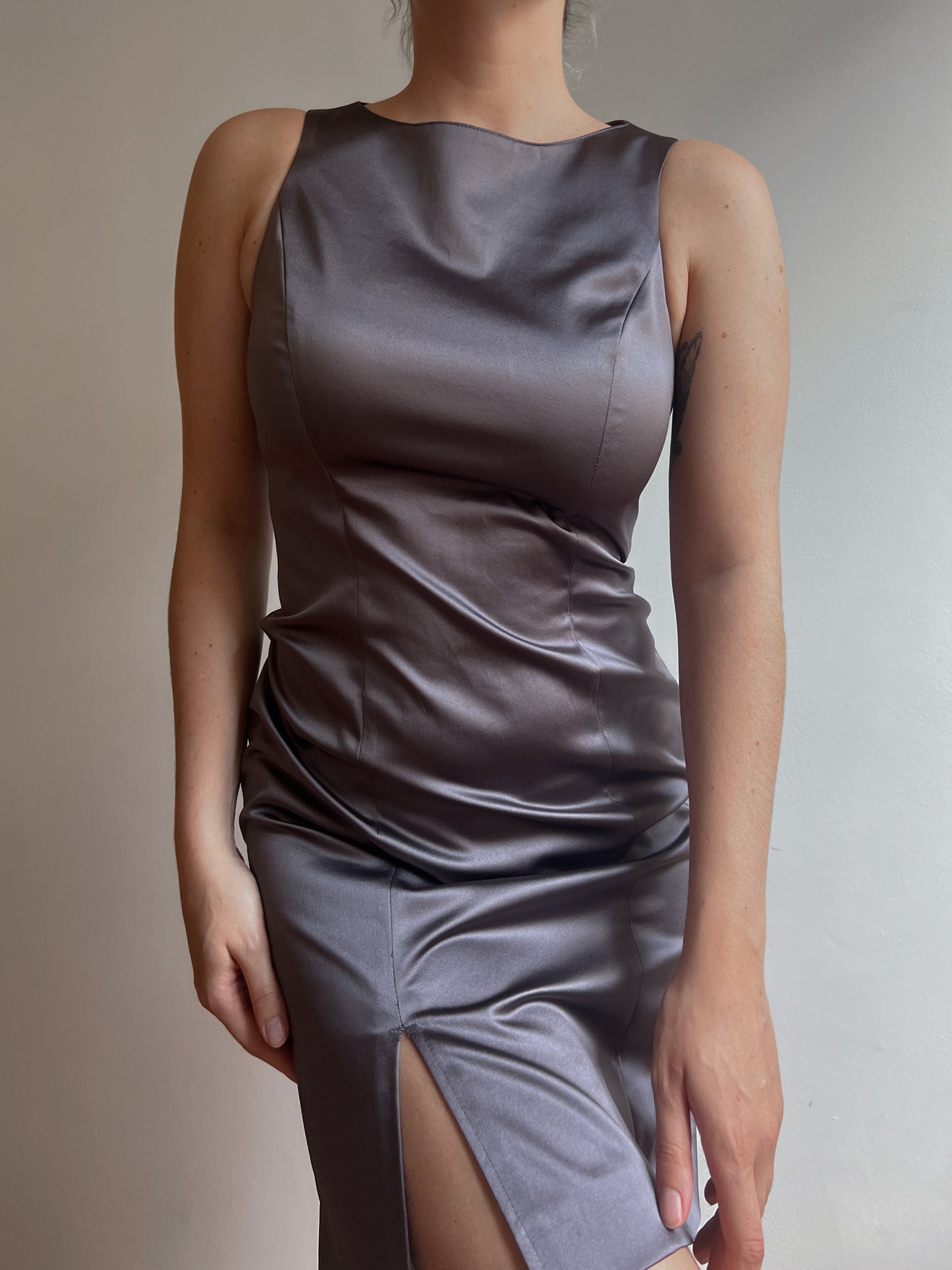 Satin grey sheath dress