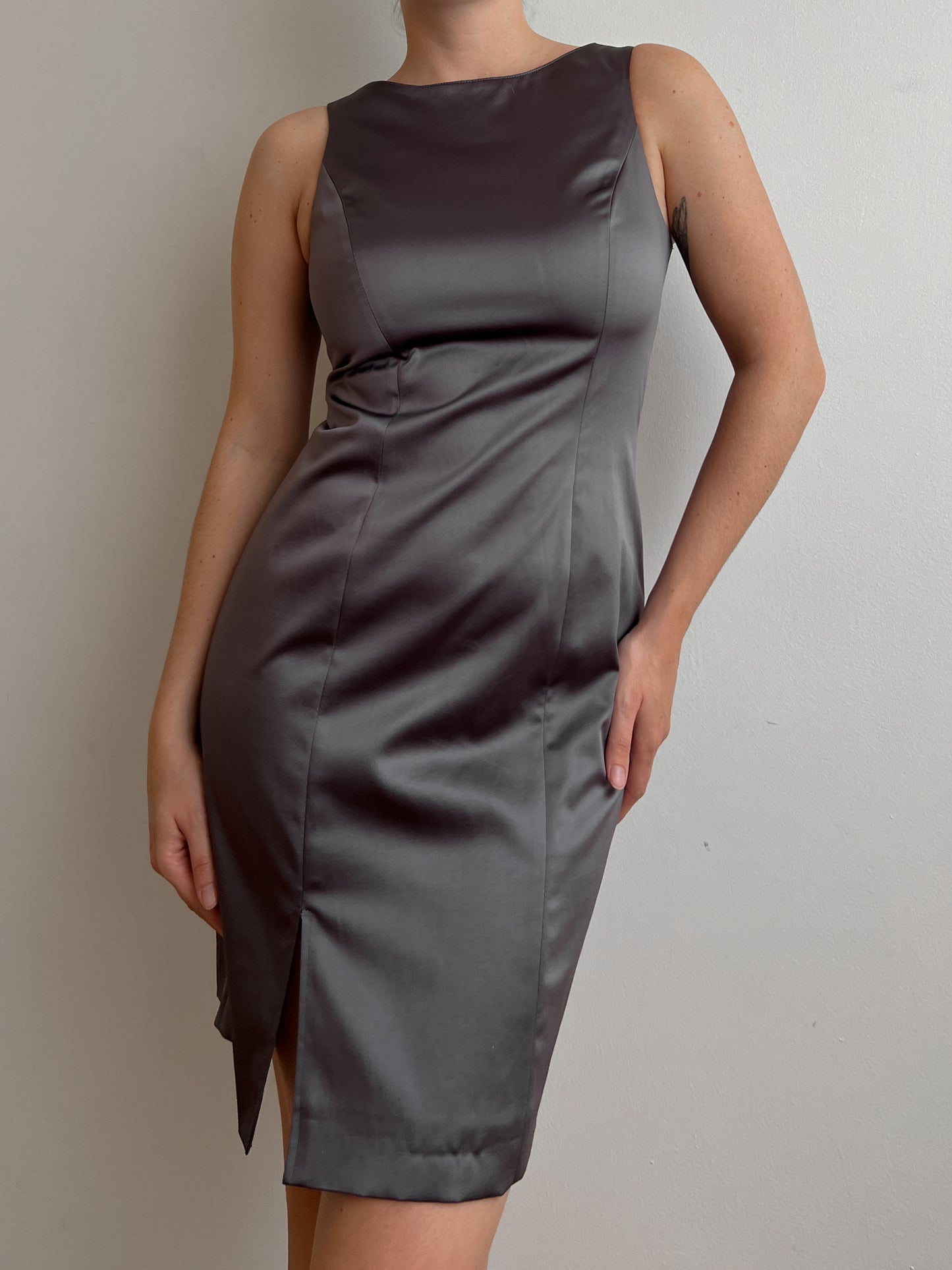 Satin grey sheath dress