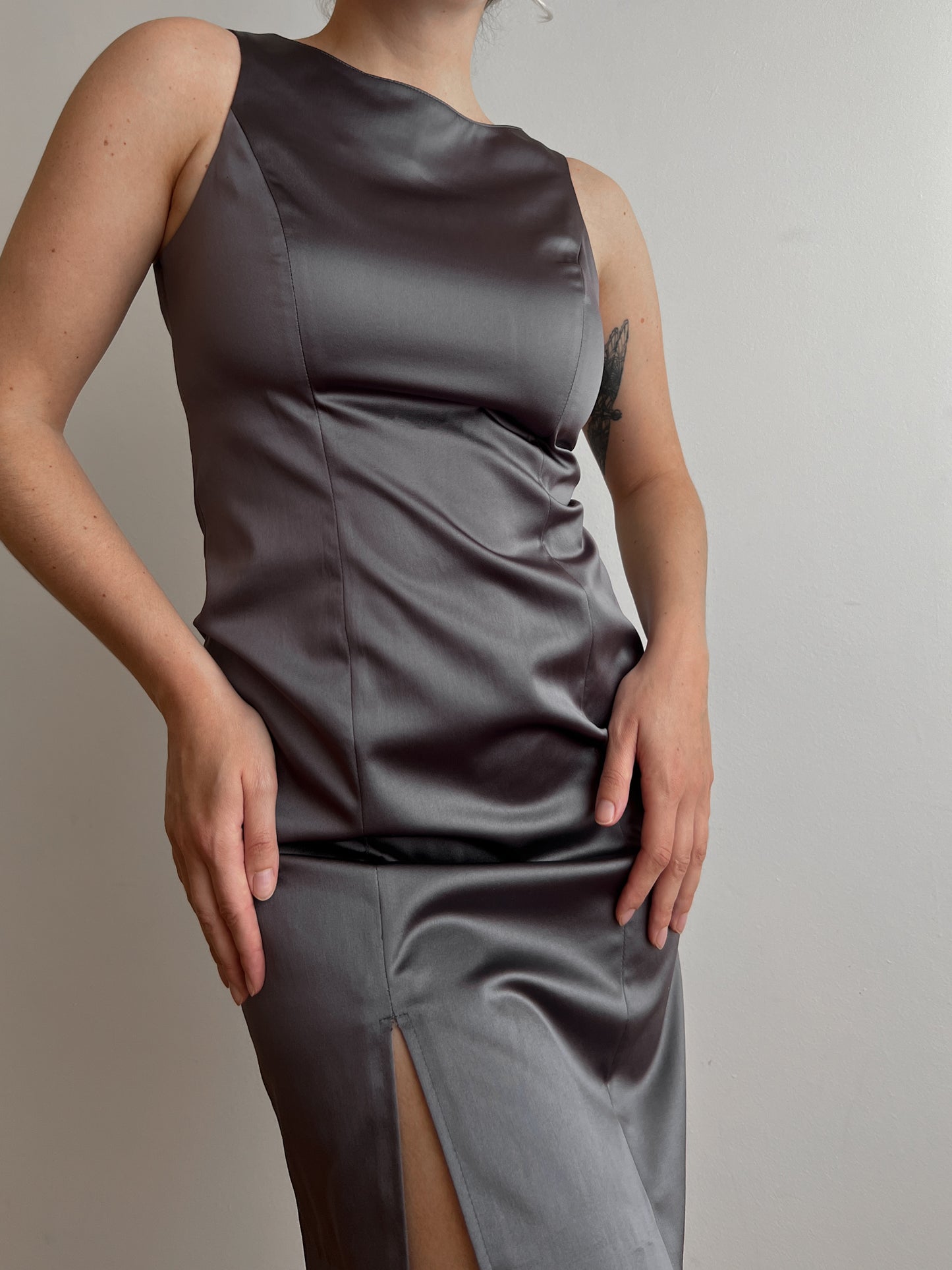 Satin grey sheath dress