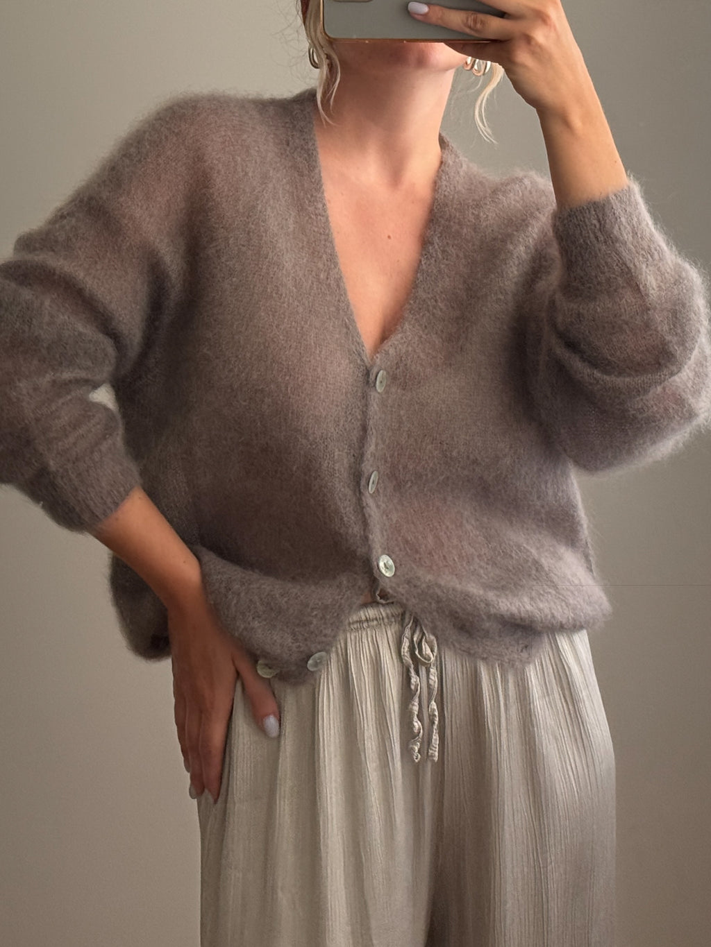 Cardigan in kid mohair - Stone