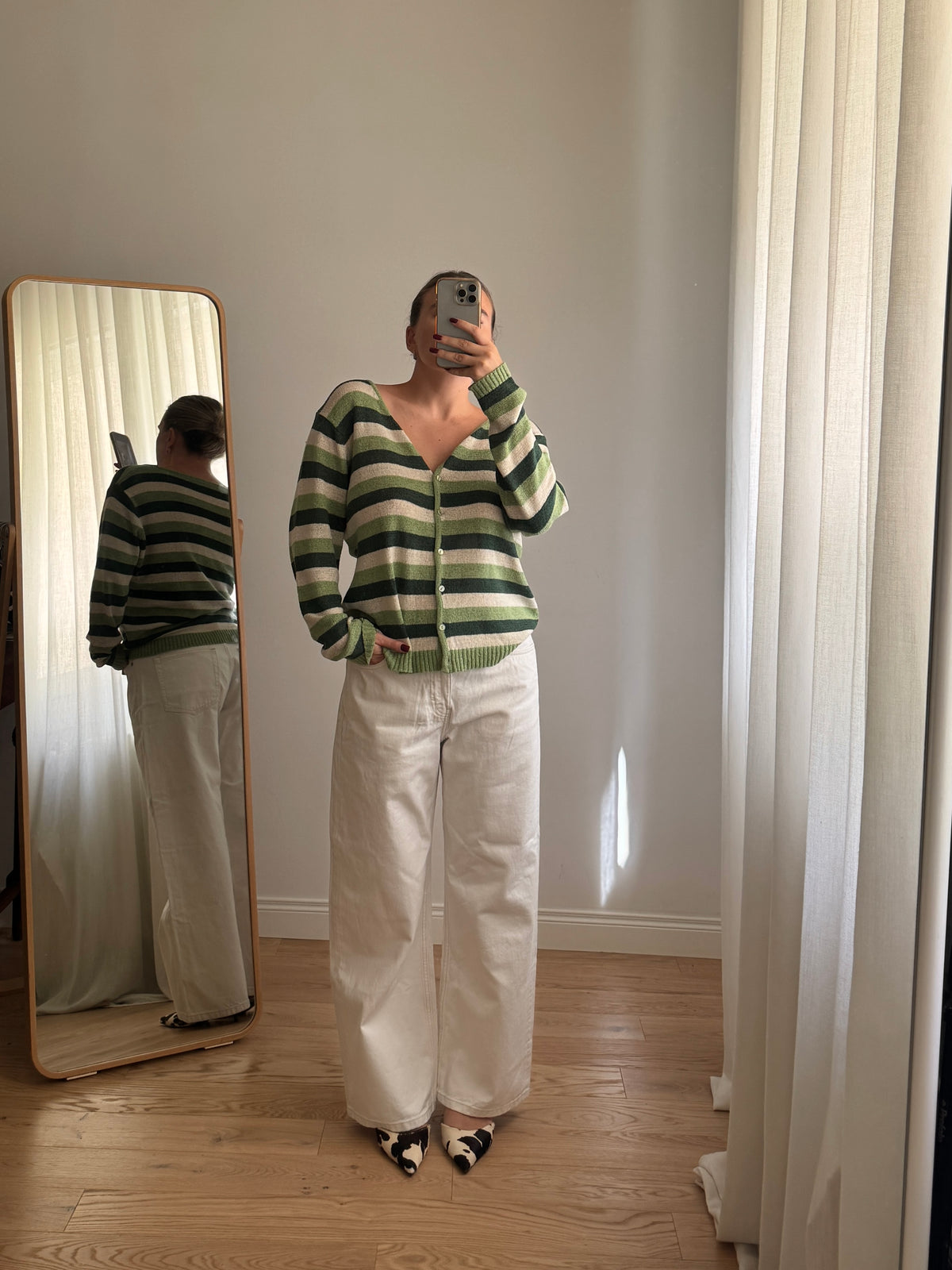 Cardigan a righe verde in cotone e viscosa