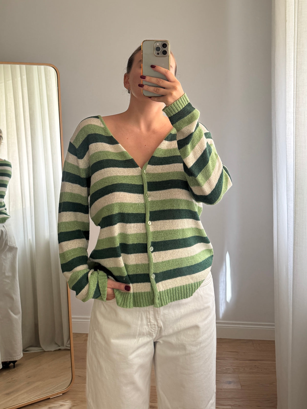 Cardigan a righe verde in cotone e viscosa