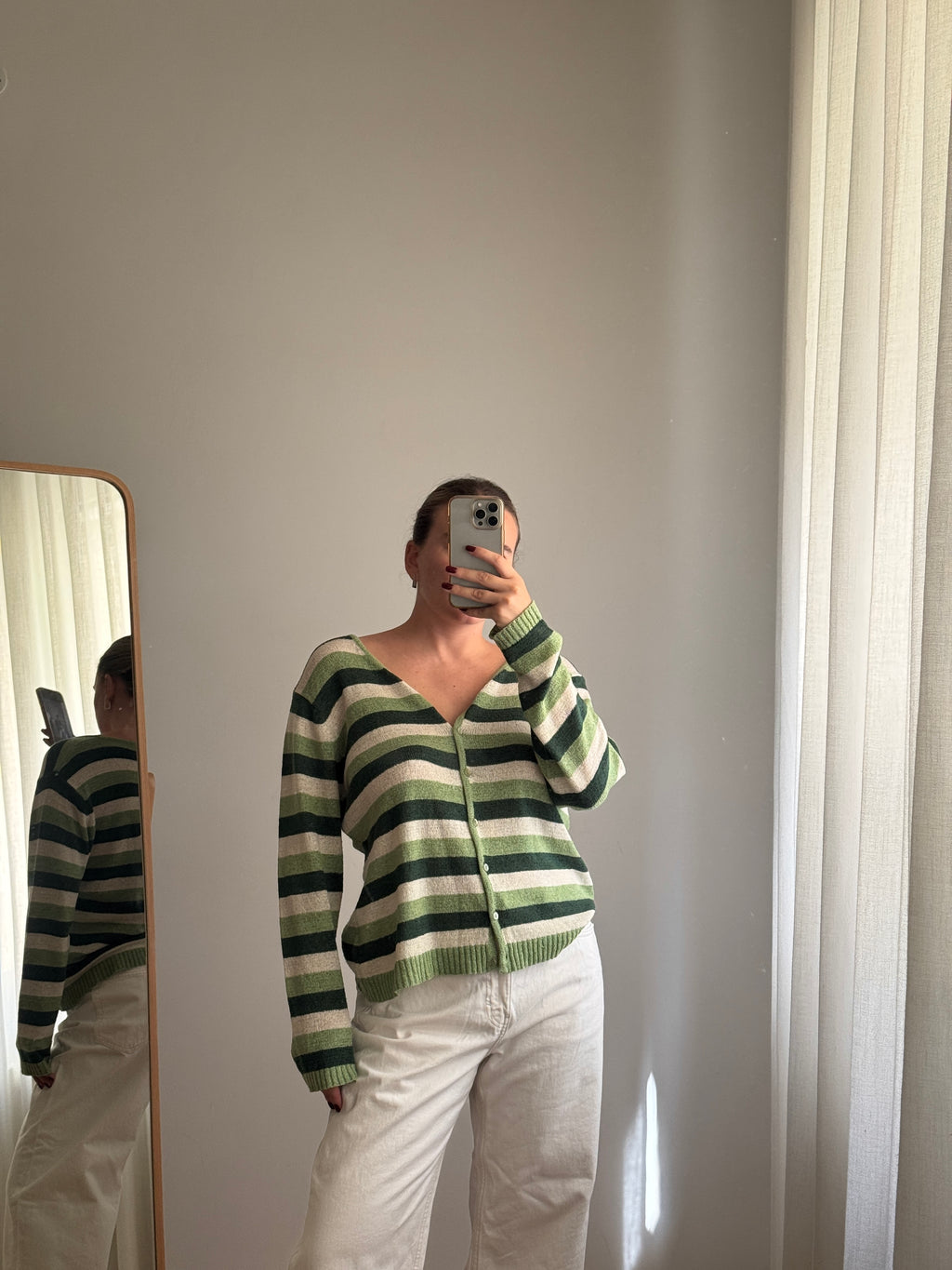 Cardigan a righe verde in cotone e viscosa