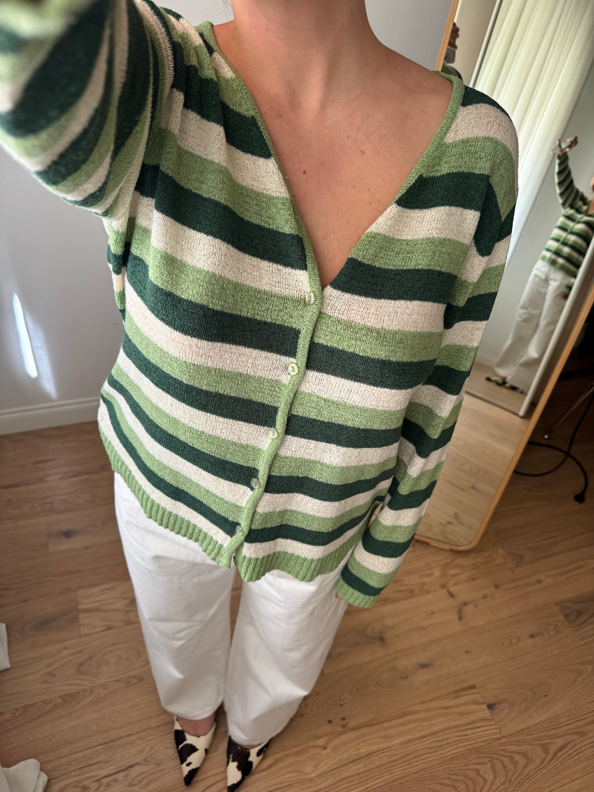 Cardigan a righe verde in cotone e viscosa