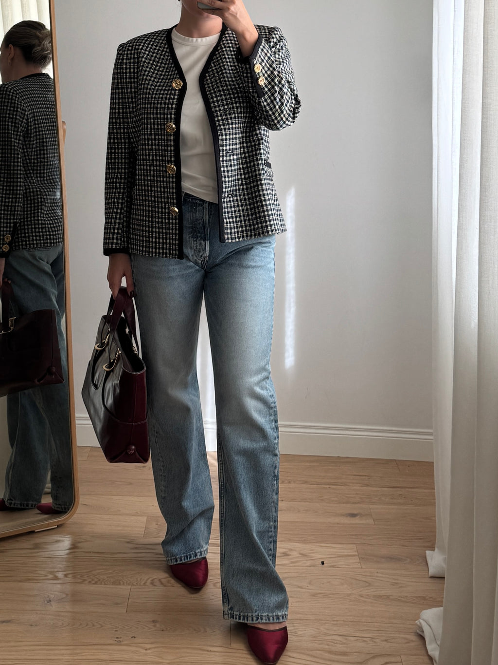 Giacca check bianca e nera in lana