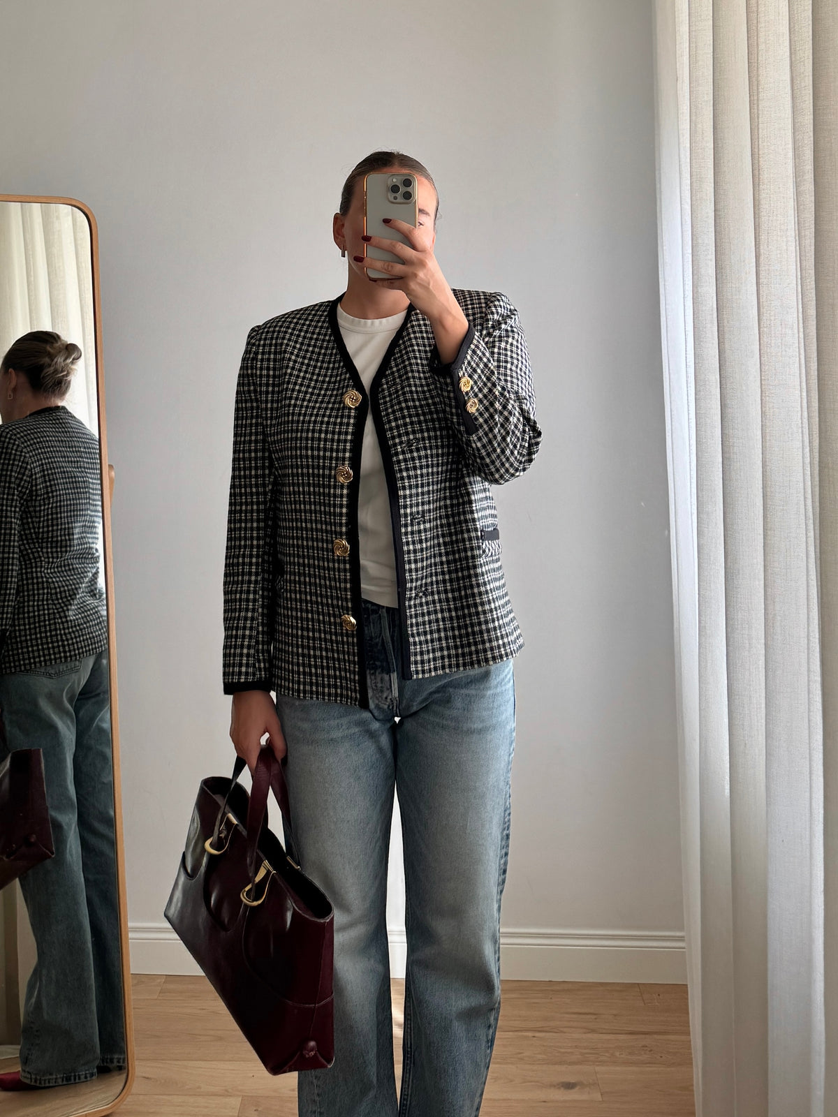 Giacca check bianca e nera in lana